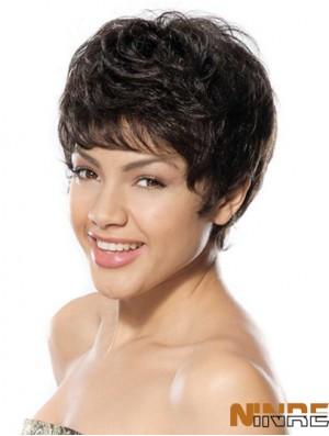 Remise Noir Court Boycuts Ondulés Sans Colle Avant De Lacet Perruques