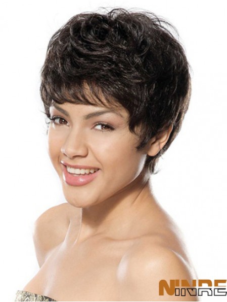 Remise Noir Court Boycuts Ondulés Sans Colle Avant De Lacet Perruques
