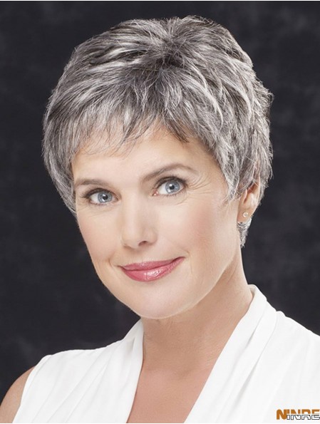 Perruque synthétique de cheveux gris droite courte