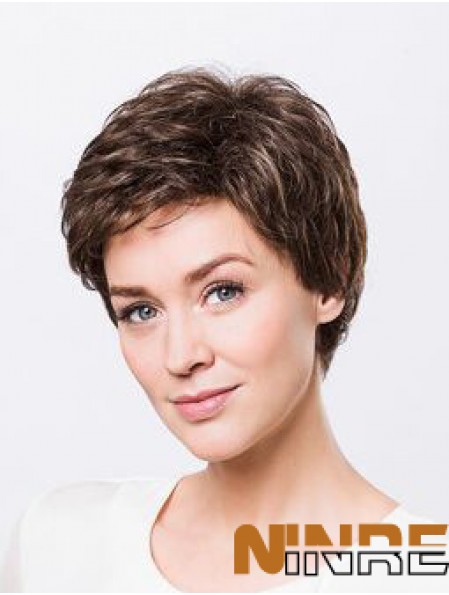 Brown Boycuts Short 8  inchWavy Synthetic Ladies Monofilament Wigs