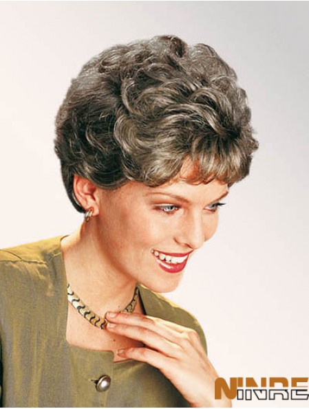 Perruque courte classique en dentelle synthétique bouclée grise de 7 po