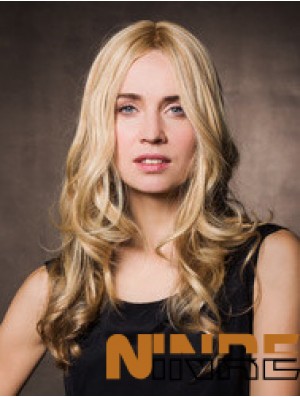 Monofilament synthétique 17  inchlongue blonde ondulée sans frange perruques bon marché pour les patients atteints de cancer
