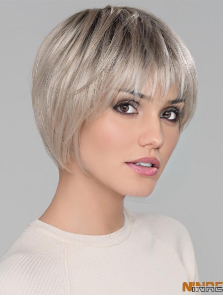 Blonde Platine Avec Frange Droite 6 pouces Court Monofilamen Couronne Perruques