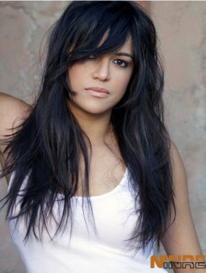 Perruques magasins longue ligne droite avec frange couleur noire Michelle Rodriguez perruque