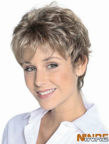 Perruques Cheveux Gris Courte Couleur Brun Longueur Courte Style Ondulé