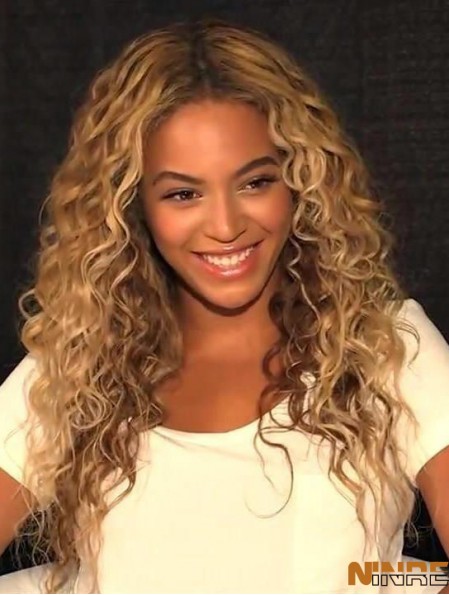 Perruque  longue lisse synthétique monofilament bouclée blonde