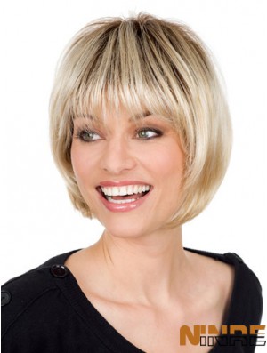 Perruque blonde en monofilament avec une longueur de menton de style droit