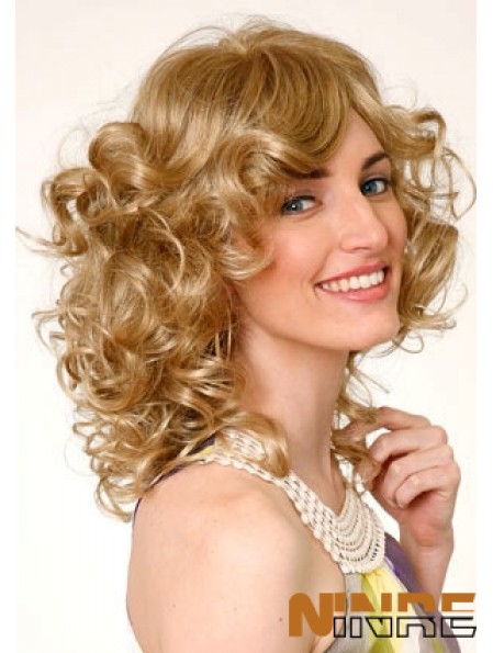 Layered Blonde Curly Shoulder Length 16 pouces Perruques moyennes durables
