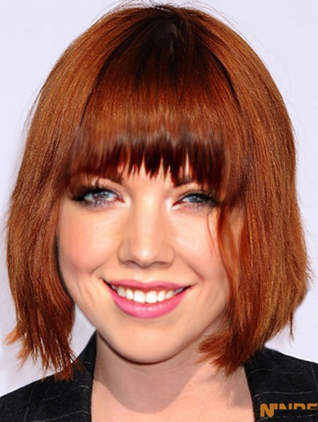 Rouge 10 pouces approprié menton longueur droite Carly Rae Jepsen avec frange perruques en dentelle