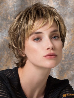 Perruques courtes blondes superposées ondulées de 8 po
