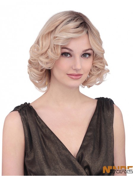 Longueur de menton bouclée avec des franges Fabuleuses perruques avant en dentelle blonde