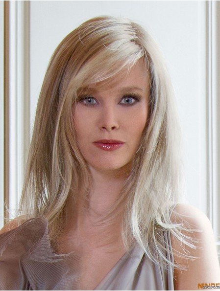 Longue ligne droite avec frange Blonde élégante 100% perruques nouées à la main