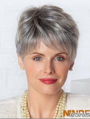 Perruques en dentelle monofilament coupe courte style gris coupe droite