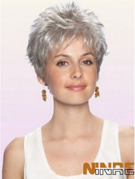 Perruque grise avec longueur recadrée sans bonnet Boycuts Style ondulé