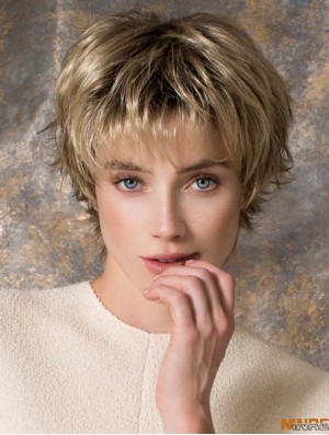 Perruques courtes blondes en couches droites de 8 pouces