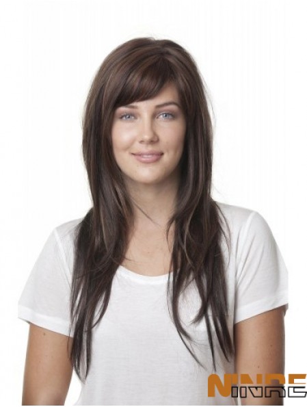 Idéal brun droit avec frange monofilament longues perruques