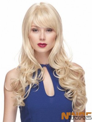 Perruques Blondes Avec Frange Synthétique Style Capless Ondulé Longue Longueur