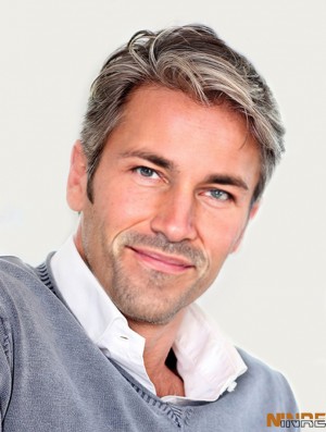 Monofilam droite synthétique courte perruques grises pour hommes