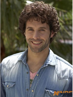 8 pouces Remy Human Curly Capless Mens court brun bouclé perruque