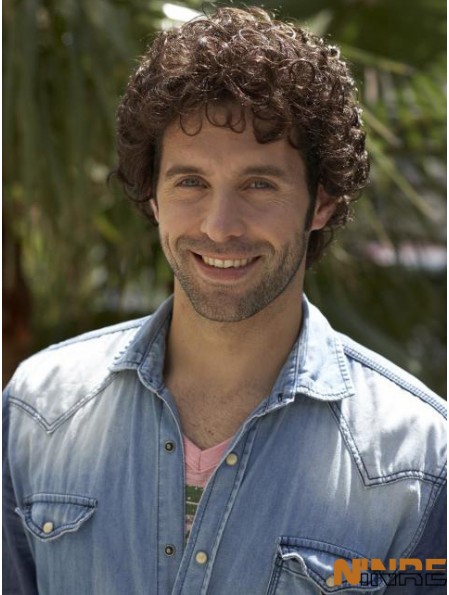 8 pouces Remy Human Curly Capless Mens court brun bouclé perruque
