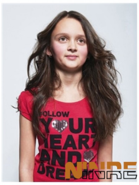 Perruques Enfants Ondulées Longues Cheveux Bruns Rémy Avant de Lacet