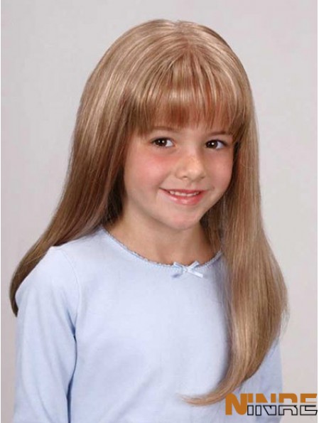 Perruques d'enfants droites longues en dentelle synthétique avant blonde