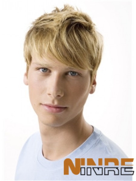 Perruques blondes ondulées courtes 100% nouées à la main pour hommes de Remy