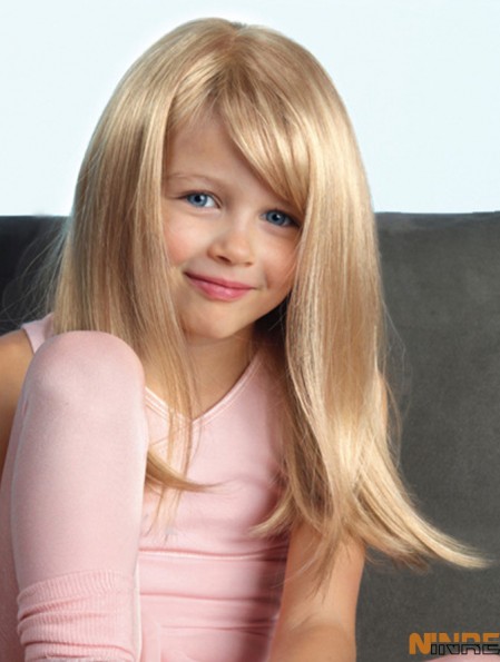 Belle blonde droite longue synthétique avant de lacet perruques enfants mono
