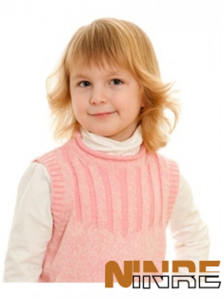Ondulé Longueur d'épaule Blonde Remy Cheveux Humains 100% Noué À La Main Enfants Perruques