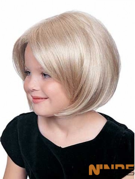 Perruque d'enfants avant de dentelle synthétique blonde de longueur de menton droite