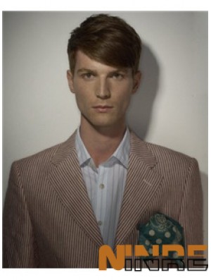 Brown 4 pouces Remy Human 100% perruque attachée à la main pour hommes