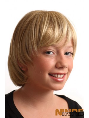Perruques courtes droites blondes synthétiques sans capuchon pour enfants