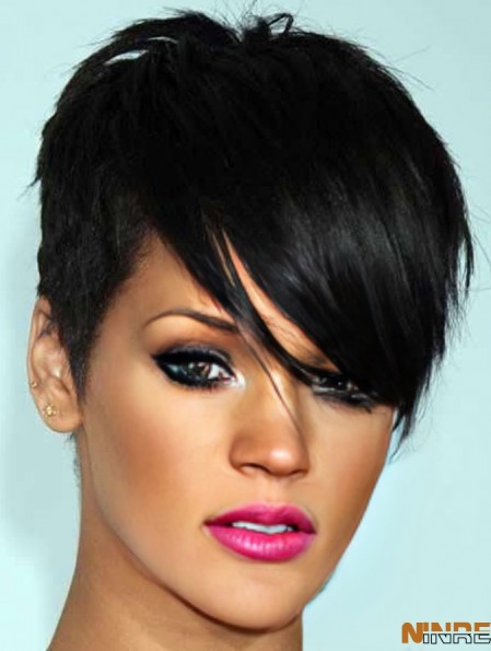  Style perruques en dentelle sans colle avec frange couleur noire
