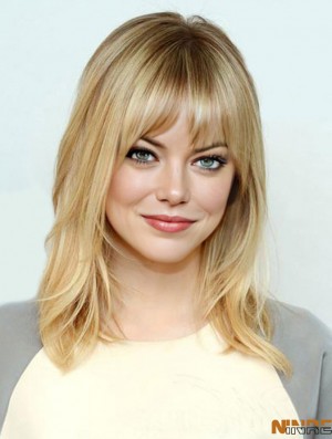 Longueur d'épaule blonde confortable droite 16 pouces avec frange Emma Stone perruques