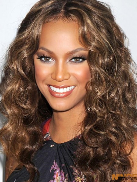 Brun bouclé sans frange 100% à la main 20 pouces perruques à la mode Tyra Banks