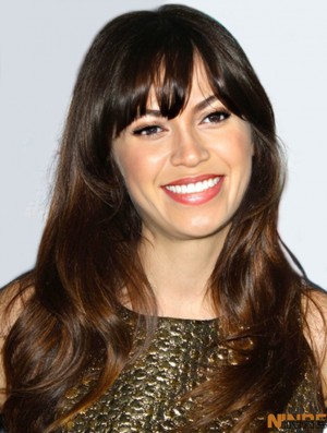No-Fuss Brown Long Wavy 22 pouces avec perruques Bangs Zooey Deschanel