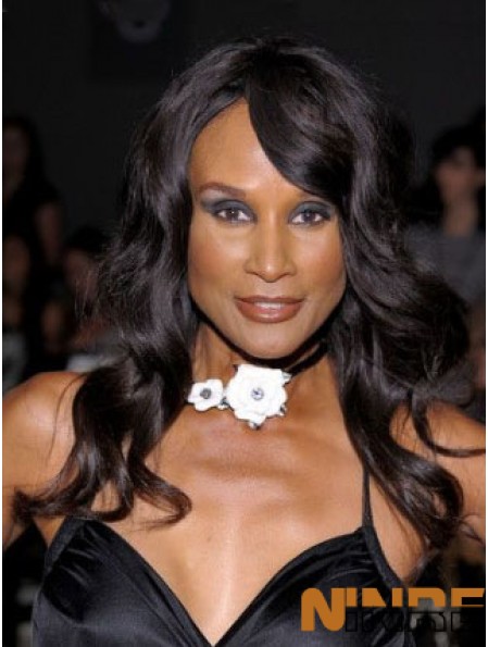 Perruques Beverly Johnson longues ondulées noires avec frange en dentelle 18 pouces