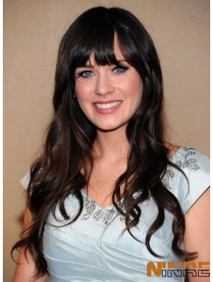 À la mode noir long ondulé 25 pouces avec des perruques Bangs Zooey Deschanel