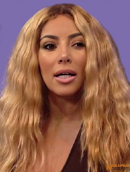 Wavy Capless longue blonde 16  inchsans frange synthétique  perruques