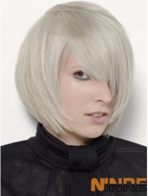 Capless gris menton longueur droite 12 pouces platine platine blonde élégante perruques de mode