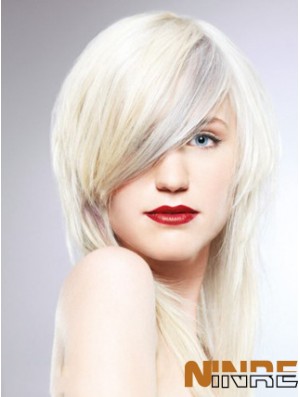 Lace Front With Bangs Long Straight 16 pouces Platinum Blonde Fashionable Fashion Fashion Wigs