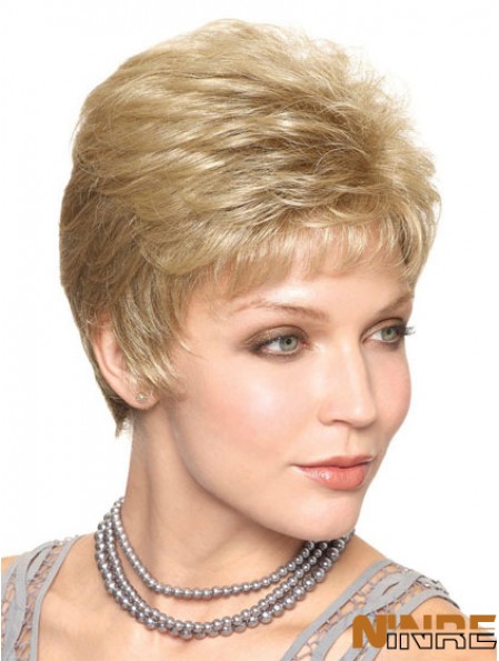 Blonde recadrée droite capless boycuts 6 pouces perruques synthétiques à la mode pour dame âgée