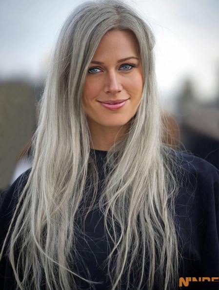 Perruque Mono Avec Style Droit Synthétique Longue Coupe Grise
